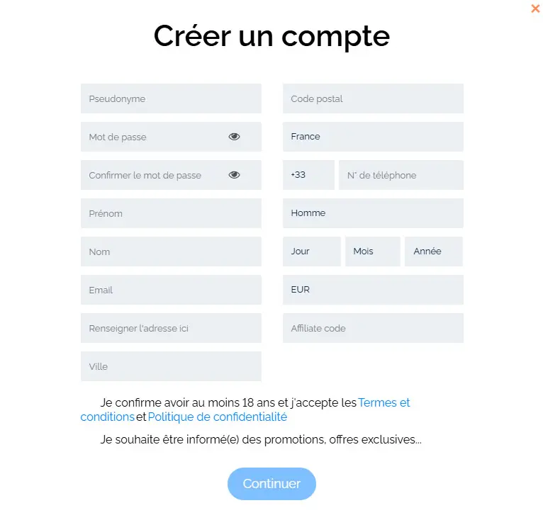Processus d'inscription WIN PARADISE CASINO